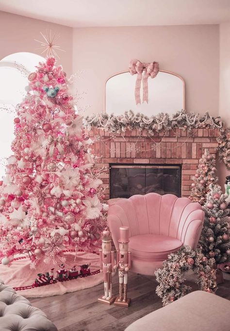 Faux Fur Tree Skirt, A Pink Christmas, Slim Christmas Tree, Pink Inspiration, Pink Tree, Pink Christmas Decorations, Pink Holiday, Christmas Tree Inspiration, Flocked Christmas Trees