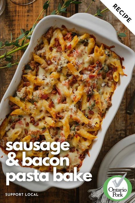 Sausage & Bacon Pasta Bake Recipe Chicken Bacon Sausage Recipes, Sausage And Bacon Casserole, Ground Sausage And Bacon Recipes, Sausage Bacon Pasta, Italian Sausage And Bacon Recipes, Bacon And Sausage Recipes, Sausage And Bacon Recipes, Recipes Using Italian Sausage, Bacon Pasta Recipes