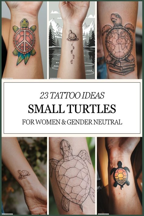 23 small turtle tattoo ideas for women and gender-neutral. Top left: turtle with a peace symbol shell. Top middle: turtle with mountains. Top right: turtle on books. Bottom left: detailed small turtle. Bottom middle: geometric turtle. Bottom right: colorful turtle. Sister Tattoos Turtles, Forearm Tattoo Women Sea Turtle, Sea Turtle Sunflower Tattoo, Ohana Tattoo With Turtle, Turtle Tattoo Colorful, Wrist Turtle Tattoo, Turtle Tattoo On Ribs, Tattoo Ideas Female Turtle, Hawaiian Turtle Tattoos Flowers