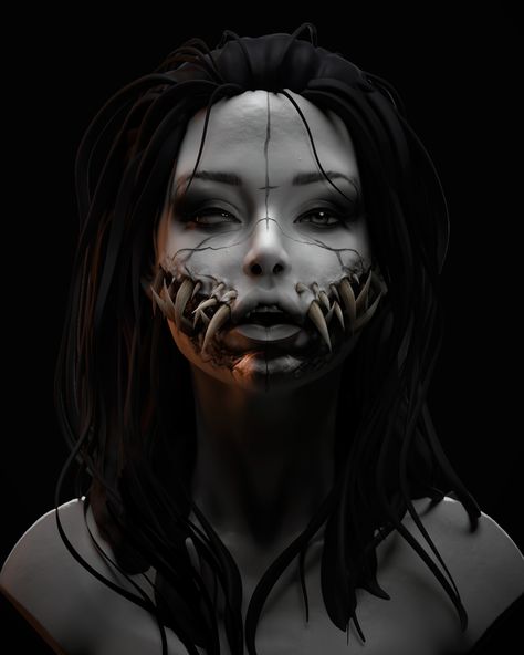 ArtStation - Necromorph woman Black And Grey Photography, Creepy References, Vampire Woman, Dark Demon, Medium Tattoos, Vampire Tattoo, Dark Girl, People References, Creepy Faces