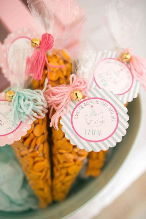 Sweet Kitty Cat Birthday Party – More Ideas Added! Kitty Cat Birthday Party Favors, Cat Birthday Favors, Cat Party Favors Goody Bags, Cat Birthday Backdrop, Cat Birthday Party Favors, Kitty Birthday Party Food, Two Purrfect Birthday, Kitty Party Favors, Snack Favors