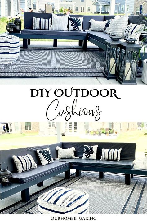 If you're looking to make your own cushions for your outdoor couch, check out this DIY that I've built in our backyard. Very affordable and weather resistant! #outdoorcushions #diycushions #diybackyard #patiomakeover #outdoorfurniture Couch Cushions Diy, Outdoor Cushions Diy, Diy Couch Cushions, Diy Outdoor Couch, Outdoor Couch Cushions, Cushions Diy, Big Cushions, Backyard Diy, Couch Decor