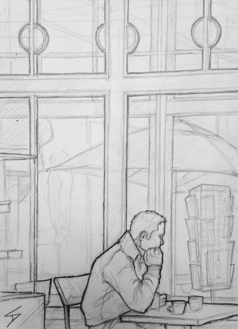 Cafe Drawing, Cafe Sketch, Window Sketch, Table Sketch, Window Drawing, Building Sketch, Comic Tutorial, Scene Drawing, Prague Travel