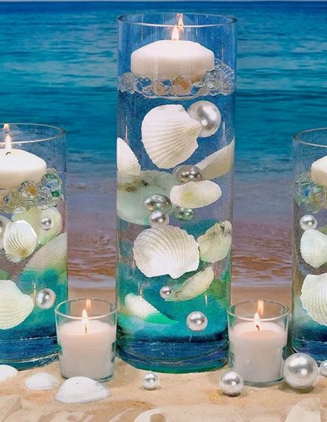 Sea Glass Centerpiece Wedding, Under The Sea Table Centerpieces, Under The Sea Centerpiece Ideas, Under The Sea Wedding Theme, Beach Sweet 16, Poolside Wedding Reception, Beach Wedding Table Centerpieces, Under The Sea Wedding, Sea Wedding Theme