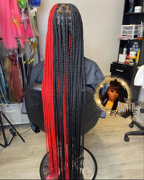 hairstyles for black girls. long red and black knot less. Half Half Knotless Braids, Red Skunk Stripe Box Braids, Hair Extensions For Braiding, Peekaboo Black And Red, Knotless Medium Braids With Color, Neopolitan Colored Knotless Braids, Braids Hairstyles Red And Black, Two Colored Braids Black Women, Red Peak A Boo Knotless Braids