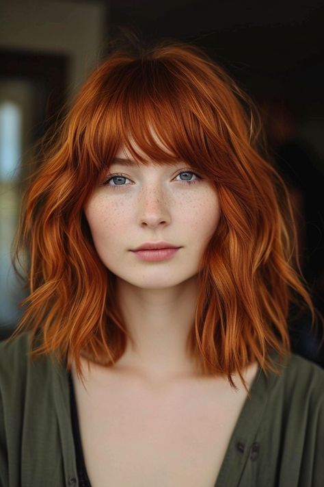 Shaggy Red Hair With Bangs, Short Shag With Bangs Round Face, Copper Hair Fringe, Copper Lob With Bangs, Wavy Bobs With Bangs, Short Red Hair With Bangs Round Faces, Copper Hair With Fringe, Red Lob Haircut, Short Copper Hair With Bangs