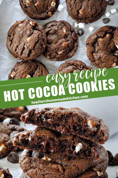 These Hot Cocoa Cookies are chewy chocolate cookies studded with chocolate chips and mallow bits. The perfect cookie to have with a warm cup of hot chocolate. Chewy Hot Cocoa Cookies, Christmas Cookies Hot Chocolate, Hot Cocoa Cookies Easy, Easy Hot Chocolate Cookies, Hot Cocoa Cookies Recipe, Hot Chocolate Cookies Recipe, Vanilla Hot Chocolate, Hot Chocolate Cookie, Gluten Free Hot Chocolate