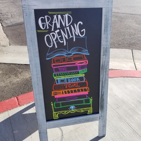 Open A Bookstore, How To Open A Bookstore, Opening An Independent Bookstore, Book Store Front Illustration, Window Shopping Book, Chalk Art Signs, Sandwich Board, Bookstore Cafe, Open Signs