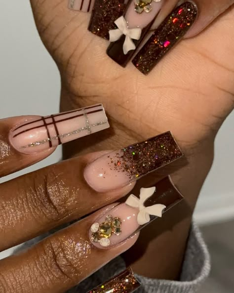 this is so beautiful 🥹🤎 .. .. #brown #brownnails #fallnails #octobernails #trendingreels #trendingnow #squarenails #glitternails #blingnails #wylienails #planonails #garlandnails #dallasnails #nailtech #nailart #nails #naildesign #nailaddict #naillove #nailartist Brown Nails Design With Glitter, Fall Ideas Nails, Brown Glam Nails, Bling Fall Nails, Brown Fall Acrylic Nails, Fall Themed Nails Acrylic, Brown Nails Design, November Nails, October Nails