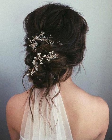 Bun Hairstyle For Wedding, Messy Bun Wedding, Messy Bun Hairstyle, Hairstyle For Wedding, Long Hair Vine, Silver Hair Vine, Long Bridal Hair, Messy Wedding Hair, Gold Hair Vine