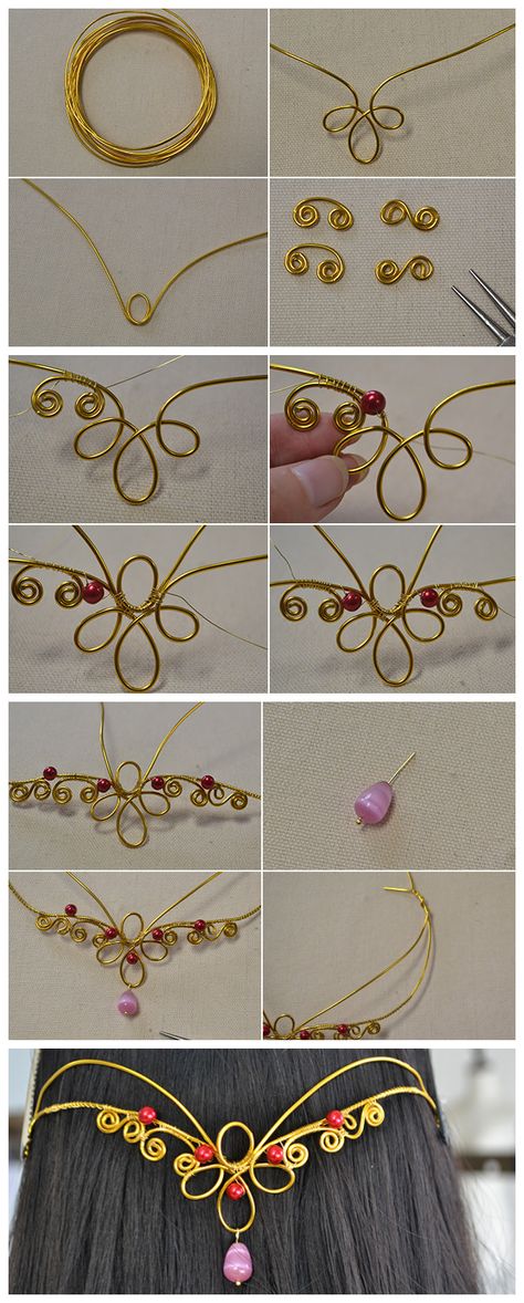 #Beebeecraft tutorials on How to Make a Golden #BridalHeadpiece with Wires and Beads Diy Crown Jewelry, Craft Crown Ideas, Golden Wire Art, Wire Tiara Tutorial, How To Make A Tiara Diy, Fairy Crown Tutorial, Diy Wire Crown Tutorials, How To Make Rings Out Of Wire And Beads, Wire Wrapped Crown Tiaras