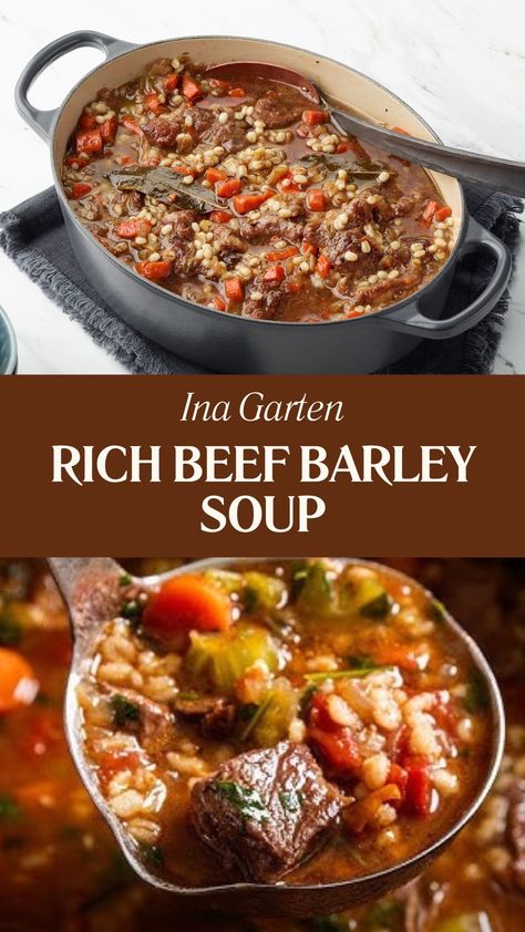 Ina Garten Rich Beef Barley Soup Westlake Beef Soup, Beef Barley Soup With Beef Shanks, Beef Barley Soup Pioneer Woman, Beef Shin Soup, Prime Rib Barley Soup, Prime Rib Beef Barley Soup, Best Beef Barley Soup Recipes, Beef With Barley Soup, Best Beef Soup Recipes Ever