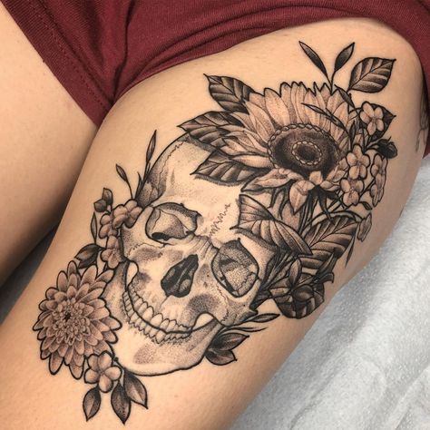 Skull With Flowers Tattoo, Floral Skull Tattoos, Upper Leg Tattoos, Feminist Tattoo, Skull And Flowers, Ink Therapy, Galaxy Tattoo, Beautiful Flower Tattoos, Family Tattoo