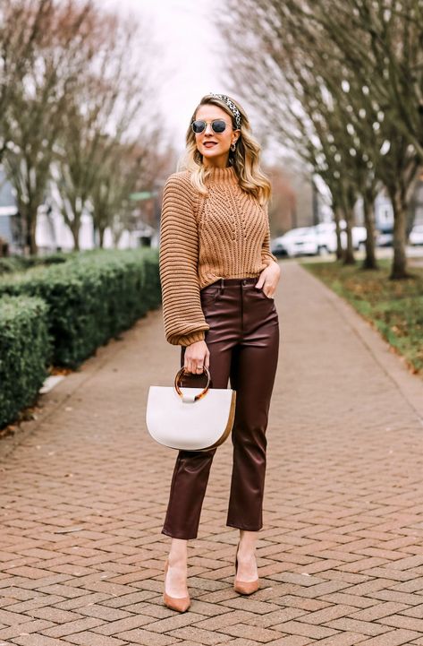 how to style crop flare pants Loft Leather Pants, Dark Autumn Neutral Outfits, Caramel Leather Pants Outfit, Dark Brown Leather Pants Outfit, How To Style Brown Leather Pants, Brown Faux Leather Pants Outfit, Camel Pants Outfit, Brown Leather Pants Outfit, Faux Leather Pants Outfit