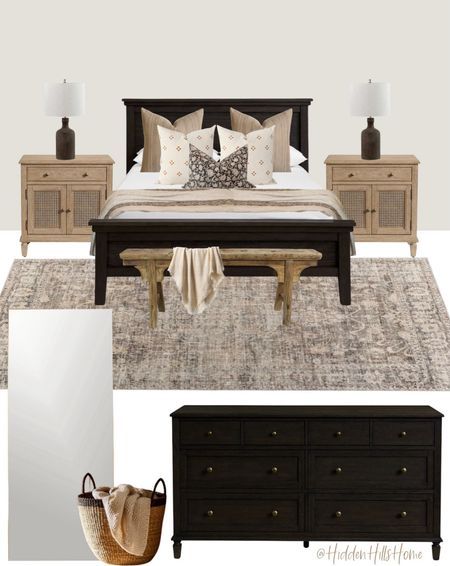 Dark Gray Bedframe, Light Wood Nightstand, Modern Transitional Bedroom, Espresso Bed, Brown Bed Frame, Transitional Bedroom Design, Dark Wood Bed, Dark Bedroom Furniture, Grey Bed Frame