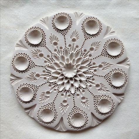 Porcelain mandala, ceramic art - Mairi Stone Mandala Clay Art, Clay Mandala Design, Mandela Art Pottery, Mandala Art With Mouldit Clay, Mandala Art Ceramic, Coil Pottery, Ceramic Texture, Clay Wall Art, Clay Texture