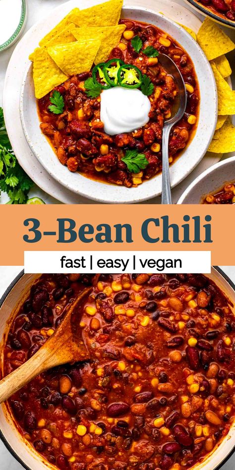 Spice up your weeknight dinner routine with this quick and flavorful three bean chili! Packed with a medley of kidney, black, and pinto beans, this hearty dish is not only a protein powerhouse but also a time-saving hero, ready to grace your table in just 25 minutes. Chili Beans Vegetarian, 3 Bean Crockpot Chili, Veggie Bean Chili, Easy Vegan Chili Recipe, 3 Bean Chili Recipe Crockpot, Five Bean Chili Recipe, Three Bean Chili Crockpot, Easy Bean Chili, Recipes With Pinto Beans