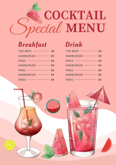 Aesthetic Menu Design, Summer Menu Design, Light Summer Cocktails, Menu Aesthetic, Menu Design Layout, Drink Menu Design, Smoothie Menu, Menu Sans Gluten, Popup Menu