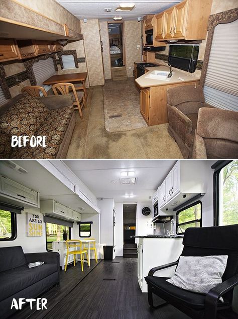 Before and after RV living renovation Kombi Motorhome, Camper Trailer Remodel, Tiny Camper, Diy Camper Remodel, Rv Makeover, Diy Rv, Travel Trailer Remodel, Rv Renovations, Camper Makeover