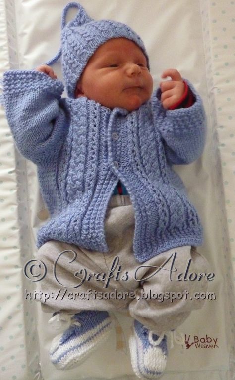 CraftsAdore: "Handsome Cables" Knitted Baby Boy Cardigan Free Knitting Pattern Baby Boy Knitting Patterns Free, Boys Knitting Patterns Free, Baby Layette Set, Baby Boy Cardigan, Knitting Patterns Boys, Baby Cardigan Knitting Pattern Free, Aran Knitting Patterns, Baby Boy Sweater, Cable Knitting Patterns