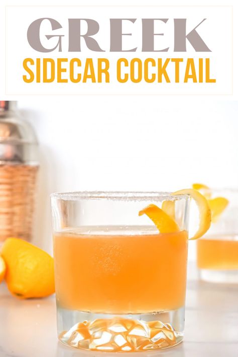 We love the idea of an old fashioned cocktail. One of the most classic cocktails is the Sidecar, a cocktail traditionally made with cognac, orange liqueur, and lemon juice. We thought we would take this classic and “Greek it up” a bit by adding Metaxa, resulting in the Greek Sidecar Cocktail. via @CookLikeaGreek Greek Drinks, Ouzo Cocktails, Sidecar Cocktail, Greek Menu, Best Mixed Drinks, Greek Dinners, Heroic Age, Toga Party, Greek Wine