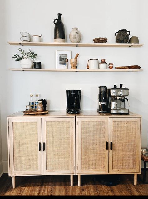 Coffee Corner Shelves, Japandi Coffee Bar, Simple Coffee Bar Ideas, Vintage Eclectic Home, Chicago Apartment, Coffee Nook, Home Coffee Bar, Coffee Bar Home, Interior Design Boards