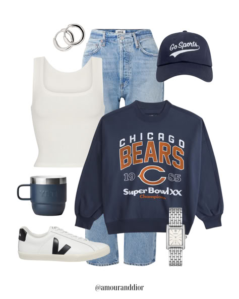 What to wear: styling sportswear 🏈  NFL gear for women, activewear, go sports sweatshirt, go team sweatshirt, go sports hat, football game outfit, fall outfit, casual outfit, trainers, veja sneakers, denim, blue jeans #LTKFallSale Thanksgiving Football Game Outfit, Bengals Outfit Woman, Football Watch Party Outfit, Bears Game Outfit, Styling Sportswear, Football Outfits For Women Winter, Winter Football Game Outfit Cold Weather, Fall Football Game Outfit For Women, Fall Football Outfits