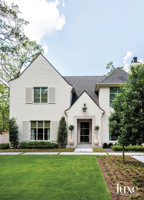 White Brick House Exterior, White Painted Brick Exterior, White Home Exterior, Painted Brick Exteriors, Painted Brick Walls, White Shutters, Painted Brick House, Transitional Exterior, Stucco Homes