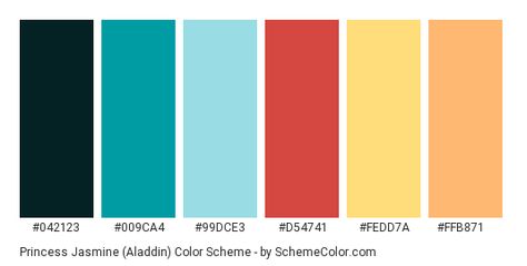 Princess Jasmine (Aladdin) Color Scheme » Blue » SchemeColor.com Princess Jasmine Color Palette, Aladdin Color Palette, Jasmine Color Palette, Jasmine Color, Color Theories, Princess Jasmine Aladdin, Bracelets Colors, Jasmine Aladdin, Disney Princess Colors