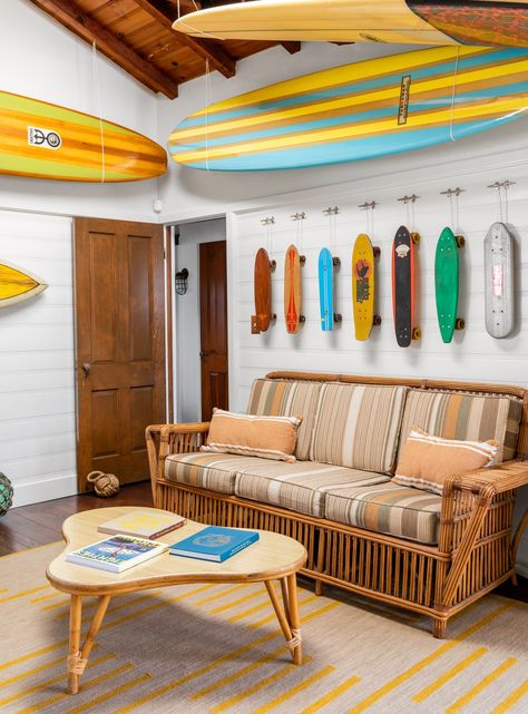 Balboa Residence – JZ Interiors Surf Living Room, Surf Interior, Surf Cottage, Surf Room, Vintage Surfboards, Shed Interior, Beach Bungalow, Surf Decor, Basement House