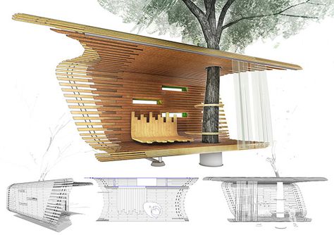 Shelter Ecohab on Behance Shelters In The Woods, Treehouse Design, Bus Stop Design, Architecture Portfolio Layout, Shelter Design, Pavilion Design, Tree House Designs, Wood Architecture, Tent Design