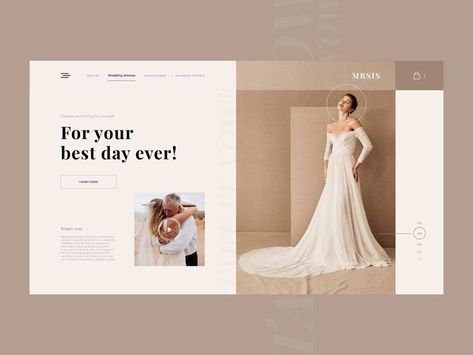 The concept of the first screen of a wedding dress store. #ui #ux #ui design #concept design #website design #web design #minimalism #typography #models #main screen #wedding #store Dress Websites, Wedding Dress Store, Wedding Store, Dress Store, Best Day Ever, Ui Design, One Shoulder Wedding Dress, Creative Professional, Bridal Dresses