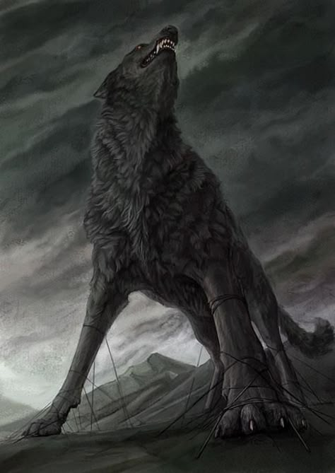 In Norse mythology, Fenrir (Old Norse: "fen-dweller"), Fenrisúlfr (Old Norse: "Fenris wolf"), Hróðvitnir (Old Norse: "fame-wolf"), or Vánagandr (Old Norse: "the monster of the river Ván") is a monstrous wolf. In both the Poetic Edda and Prose Edda, Fenrir is the father of the wolves Sköll and Hati Hróðvitnisson, is a son of Loki, and is foretold to kill the God Odin during the events of Ragnarök, but will in turn be killed by Odin's son, Víðarr. Fenrir Tattoo, Odin God, Norse Myth, Old Norse, Norse Vikings, A Wolf, Black Wolf, Mythological Creatures, Wolf Art