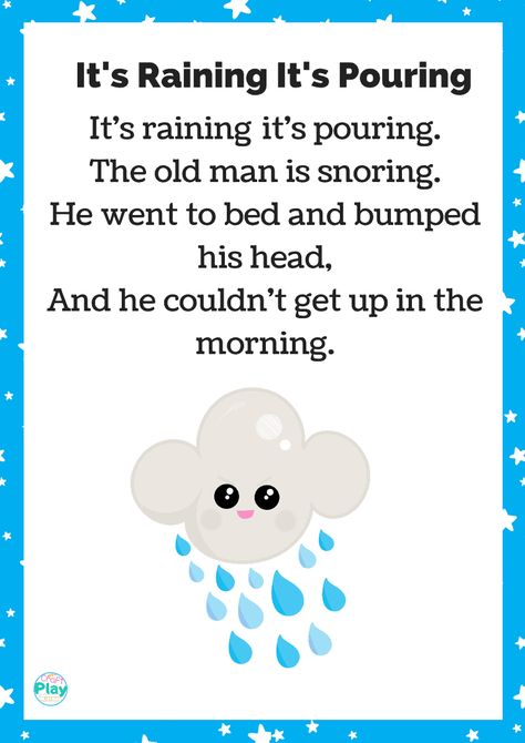 It's Raining It's Pouring Printable And Activities - Craft Play Learn Rain Rhymes, Free Nursery Rhymes, April Lesson Plans, Home Behavior Charts, Rhyming Preschool, Its Raining Its Pouring, Cloud Quotes, Its Raining, Toddler Teacher