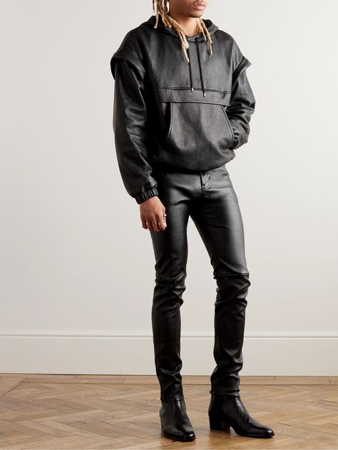 SAINT LAURENT's hoodie is much sleeker than your average style. Made from panels of textured-leather, it's embossed with the brand's logo at the front and has layered sleeves and elasticated trims. Style yours with everything from tailoring to denim. Saint Laurent Collection, Leather Hoodie, Layered Sleeves, Faux Jacket, Hoodie For Men, Hoodies Mens, Leather Style, Cotton Hoodie, Mens Activewear