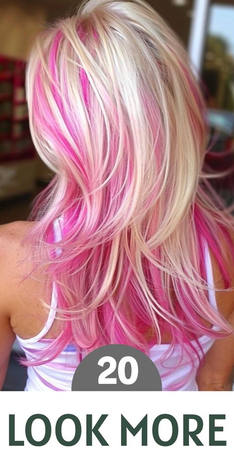 Blond Hair With Fun Colors, Diy Pink Highlights Hair, Blonde And Vivid Hair Color Ideas, Light Pink Hair Color Ideas, Pink Hair Tips Blonde, Hair Color Patterns, Pink Hair Ideas For Blondes, Bright Pink And Blonde Hair, Fun Blonde Hair Color