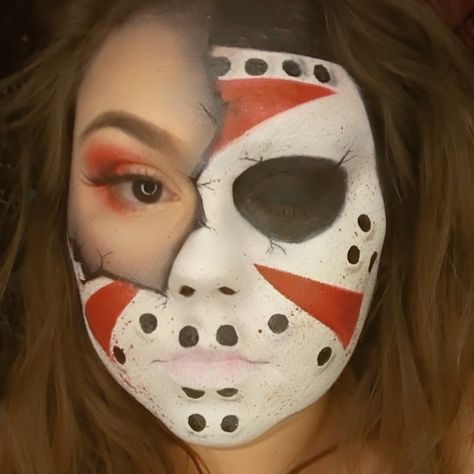 Jason Voorhees Face Paint, Friday 13th Makeup, Female Jason Costume, Jason Makeup Halloween Friday The 13th, Jason Vorhees Costume Women, Jason Voorhees Costume Female, Jason Makeup Halloween, Female Jason Voorhees, Jason Voorhees Makeup