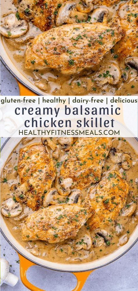 This creamy balsamic chicken skillet is full of flavor and so easy to make! You will love this flavorful meal. #healthyfitnessmeals #chickenrecipe #skilletmeal #dinner via @healthyfitnessmeals Creamy Balsamic Chicken, Paleo Chicken Dinner, Paleo Chicken Breast, Turkey Entrees, Mushroom Recipes Healthy, Fitness Meals, Chicken Mushroom Recipes, Paleo Chicken Recipes, Chicken Skillet Recipes