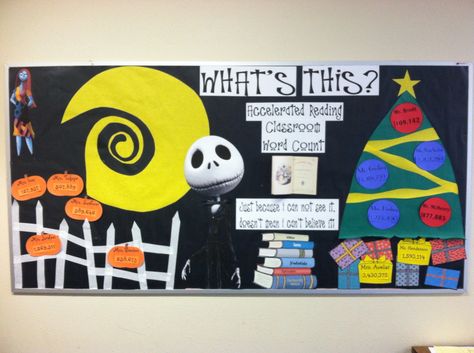 Nightmare Before Christmas bulletin board Jack Skellington Bulletin Board, Nightmare Before Christmas Door Decorations Classroom Diy, Nightmare Before Christmas Bulletin Board Decor, Nightmare Before Christmas Bulletin Board Ideas, Nightmare Before Christmas Bulletin, Nightmare Before Christmas Bulletin Board, Bulletin Board Ideas Disney, Nightmare Before Christmas Classroom, Fall Childrens Crafts