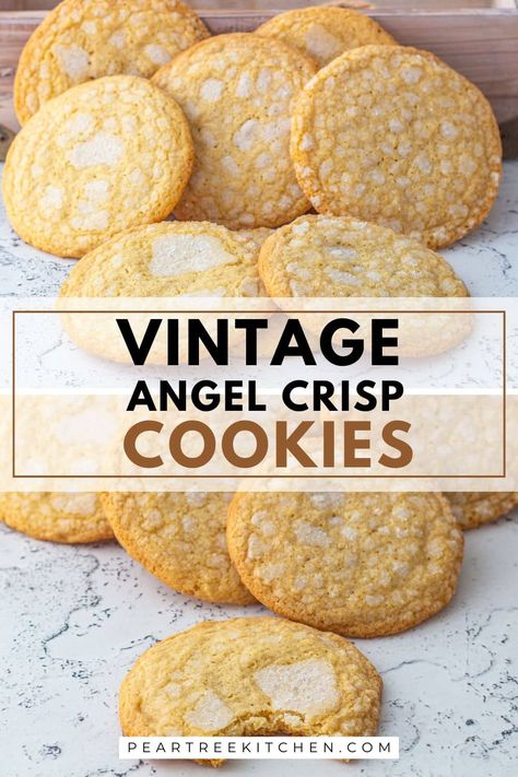 Heavenly Angel Crisps Bake up a batch of pure nostalgia with our Angel Crisps, known for their delicate sweetness and light, airy texture. These cookies have been delighting families for generations. Angel Cookies Recipe, Angel Food Cookies, Pound Cake Cookies, German Angel Cookies, Ree Drummond Angel Sugar Cookies, Heaven Sent Cookies, Angel Kisses Cookies, Buttery Almond Crisp Cookies, Forgotten Cookies