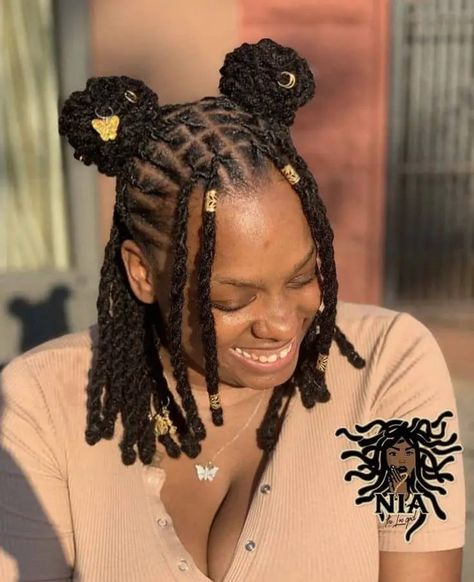 Styling Dreadlocks For Women Black, Mid Length Dread Styles, Cute Dread Hairstyles Black Women, Cute Styles For Locs For Women, Two Bun Loc Style, Short Loc Styles For Vacation, Dreadlocks Styles For Short Hair, Dreads Styles For Women Black Short, Loc Styles For Short Hair Dreadlocks Women