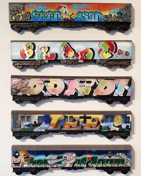 Original gee on Instagram: "Respect to the masters...Some legendary New York classic subway cars reproduced on #allcitystyle trains by yours truly. Strictly kings and better...all painted using spray paint airbrush and paint pen. Each train is 20" long and are wall mountable. #dondi #seenua #blade #leequinones #mta #subwayvandals #modeltrains #blackbook #goldeneraofhiphop #graffiti #posca #airbrush #subwayart #stylewars @instaseen #henrychalfant #artvsartist2019 #bronxmuseum" Subway Train Graffiti, Dondi Graffiti, Graffiti On Trains, Subway Graffiti Art, Hiphop Illustration, Subway Graffiti, Letter Styles, Nyc Train, Train Graffiti