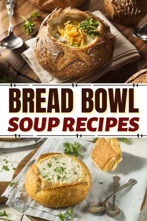 On a chilly night, these bread bowl soup recipes hit the spot! From broccoli cheese to tomato to loaded potato, bread bowl soups can't be topped! Trending Soup Recipes, Bread Bowl Soup, Homemade Bread Bowls, Steak Soup, Bread Bowl Recipe, Warm Soup Recipes, Pizza Soup, Bread Dough Recipe, Bread Soup