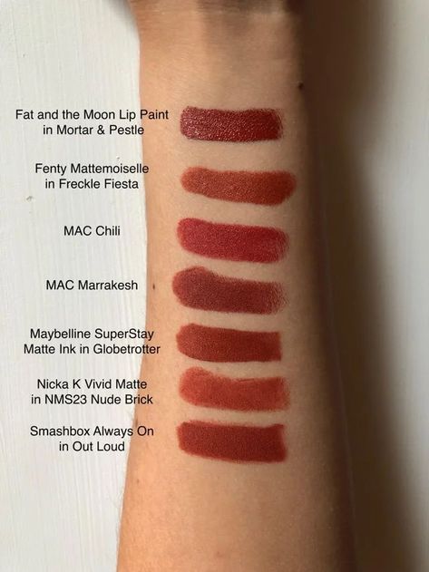 Brick Red Lipstick Makeup, Mac Red Lipstick Swatches, Brick Brown Hair Color, Brick Color Lipstick, Brick Red Lip, Cool Red Lipstick Shades, Brick Red Nails, Brown Lipstick Swatches, Brown Red Lipstick