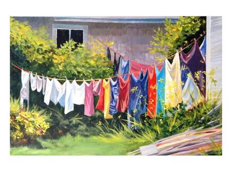 Daily Paintworks - "The Island Way" by Suzanne Woodward Clothesline Aesthetic, Watercolor Laundry, Obx Shifting, Garden Clothesline, Laundry Art, Laundry Room Art, Fresh Laundry, Basket Drawing, Lighthouse Art