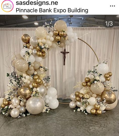 Confirmation Party Ideas Catholic, Baptism Balloon Garland, Church Anniversary Decorations, Diy Party Backdrop Stand, Communion Balloons, Baptism Balloons, Baby Dedication Party, Baptism Party Boy, Pastor Anniversary