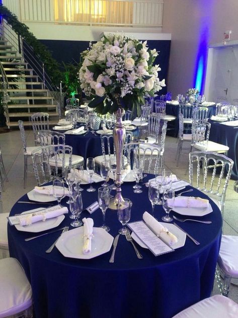 Navy Blue And Black Table Setting, Royal Blue Decorations Party Quince, Royal Blue Quinceanera Table Decor, Royal Blue Decorations Wedding, Quince Decorations Dark Blue, Royal Blue Xv Decorations, Navy Blue 15 Decorations, Royal Blue Quince Theme Decorations, Navy Blue Decorations Party