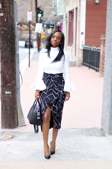 Asymmetric skirt, wrap skirt, black and white skirt, lavish Alice, chicwish flare/bell sleeve Corporate Attire Women, Outfit Ideas For Black Women, Office Outfit Ideas, Fashionable Work Outfit, Women Blazers, Church Outfit, Corporate Attire, Outfit Top, Outfit Black