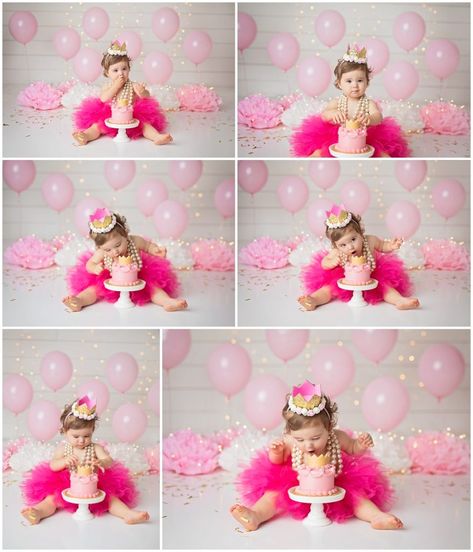 Pink Cake Smash with Michelle Voigt Photography › Michelle Voigt Photography Blog 6months Birthday Ideas Girl, Cake Smashing Photoshoot, 6 Month Cake Smash, Pastel Cake Smash, Princess Smash Cakes, Pink Cake Smash, Cake Shoot, Princess Theme Cake