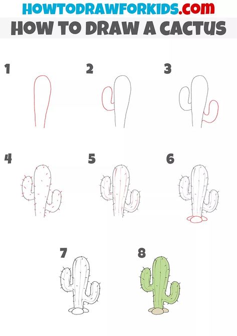 How to Draw a Cactus Step by Step - Drawing Tutorial For Kids Draw A Cactus Easy, How To Draw A Cactus Easy, How To Draw Plants Step By Step Easy, Cactus Chalk Art, How To Paint A Cactus Step By Step, Draw Cactus Step By Step, How To Draw A Cactus Step By Step, Desert Drawing Easy, How To Draw Cactus